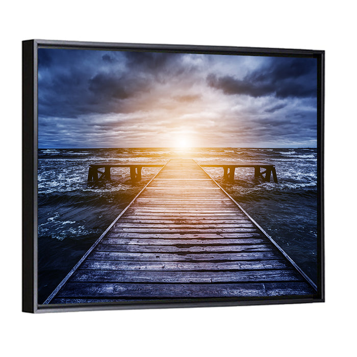 Sunlit Wooden Jetty at Dusk Wall Art as a framed canvas