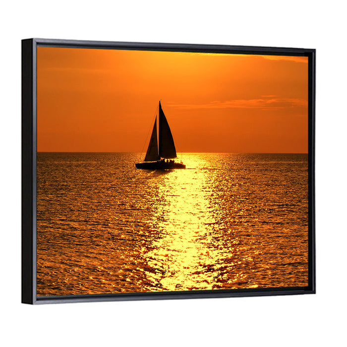 Sailboat Silhouette at Golden Sunset Wall Art as a framed canvas