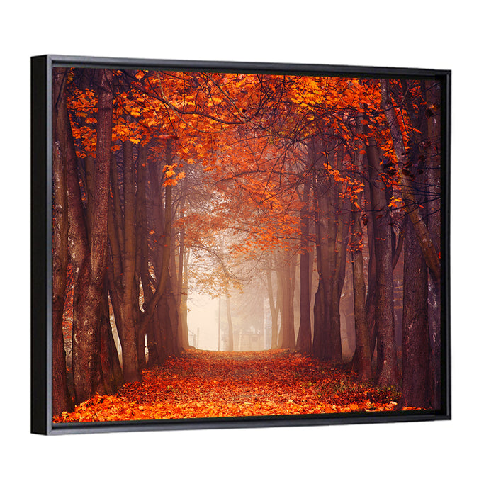 Misty Autumn Forest Path Wall Art as a framed canvas