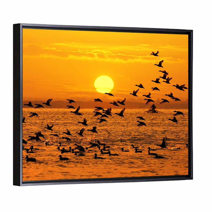 Golden Flock at Sunset Wall Art as a framed canvas