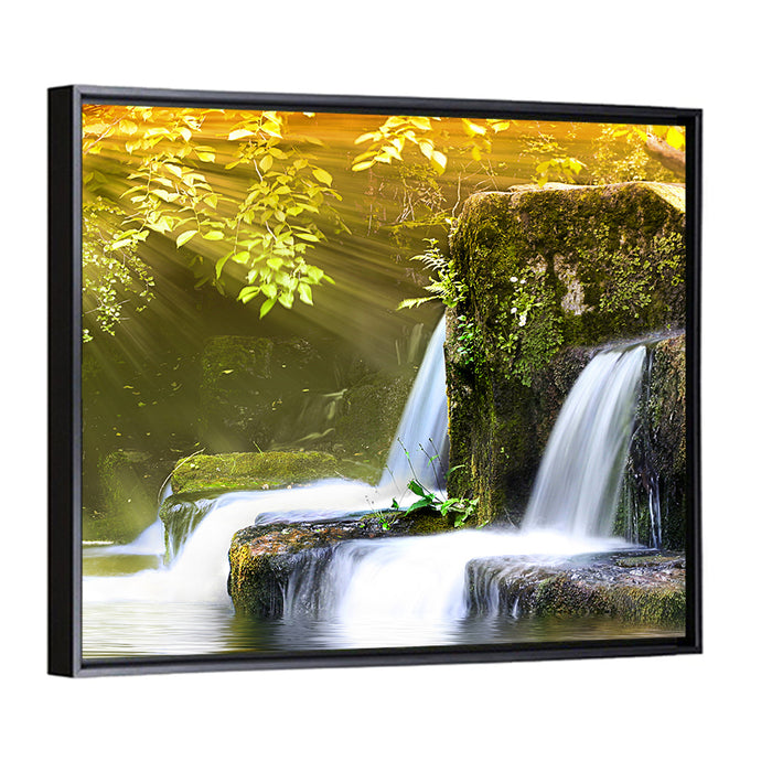 Sunlit Forest Waterfall Wall Art as a framed canvas