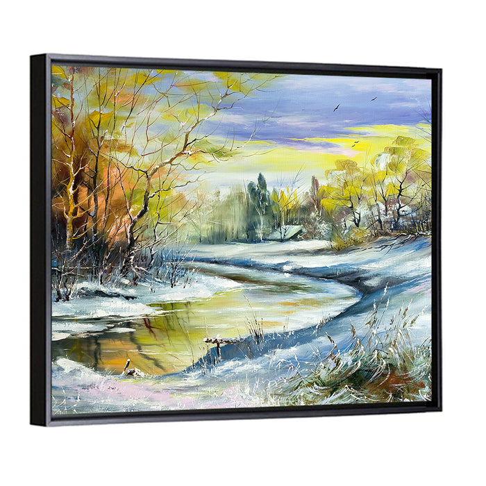 Winter River at Golden Hour Wall Art as a framed canvas