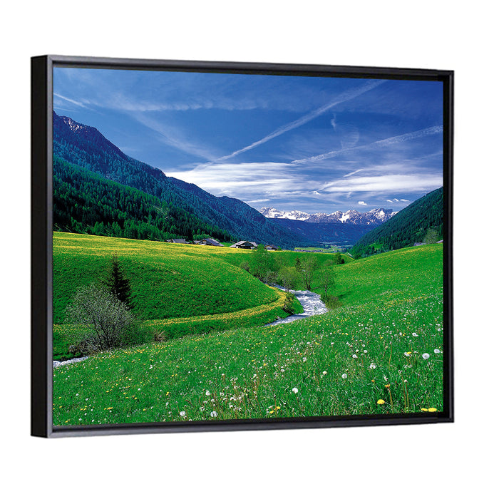 Snow-capped Peaks and Floral Meadow Wall Art as a framed canvas