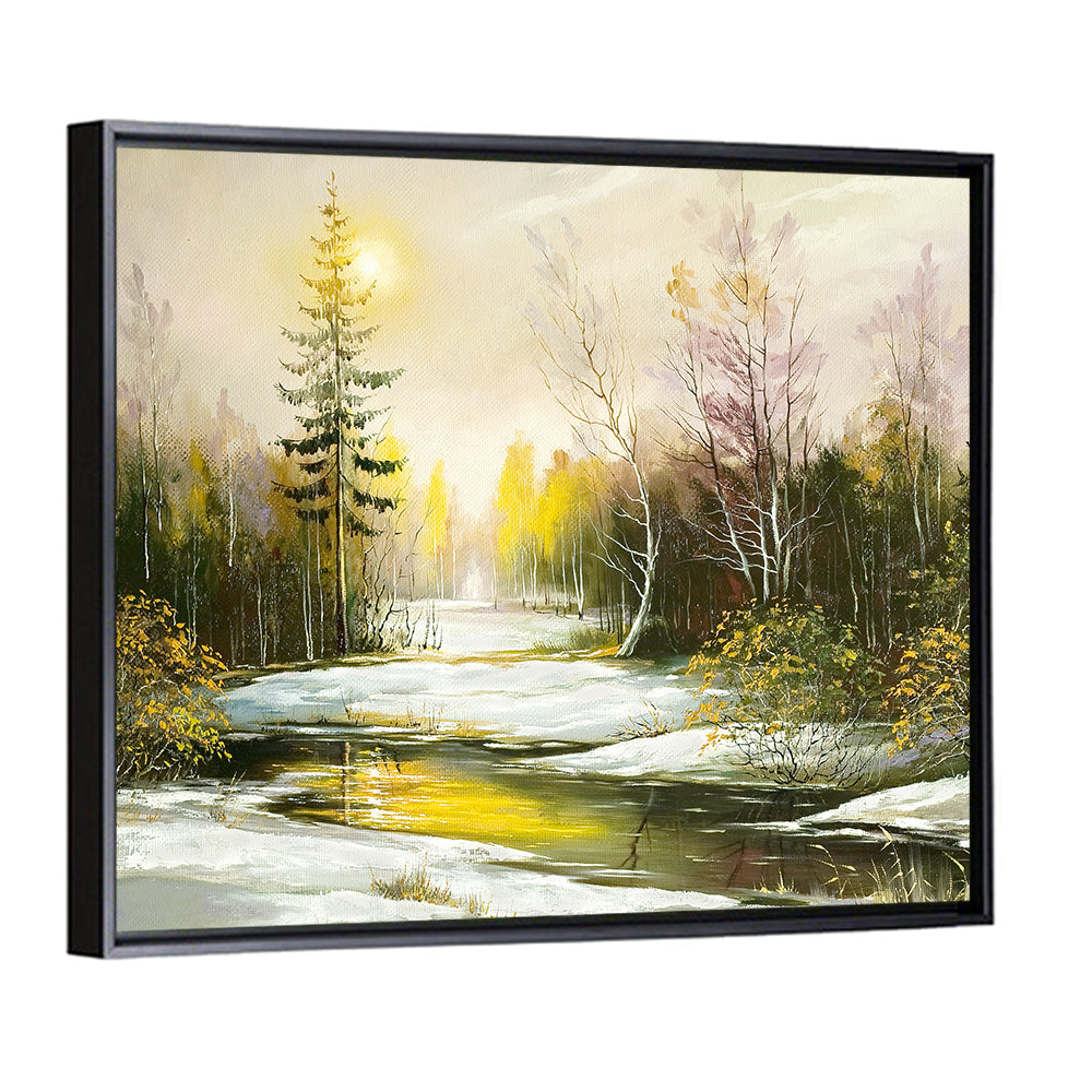 Sunlit Winter River Landscape Wall Art