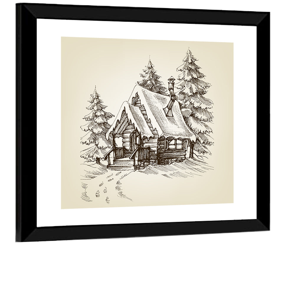 Snowy Log Cabin Illustration Wall Art