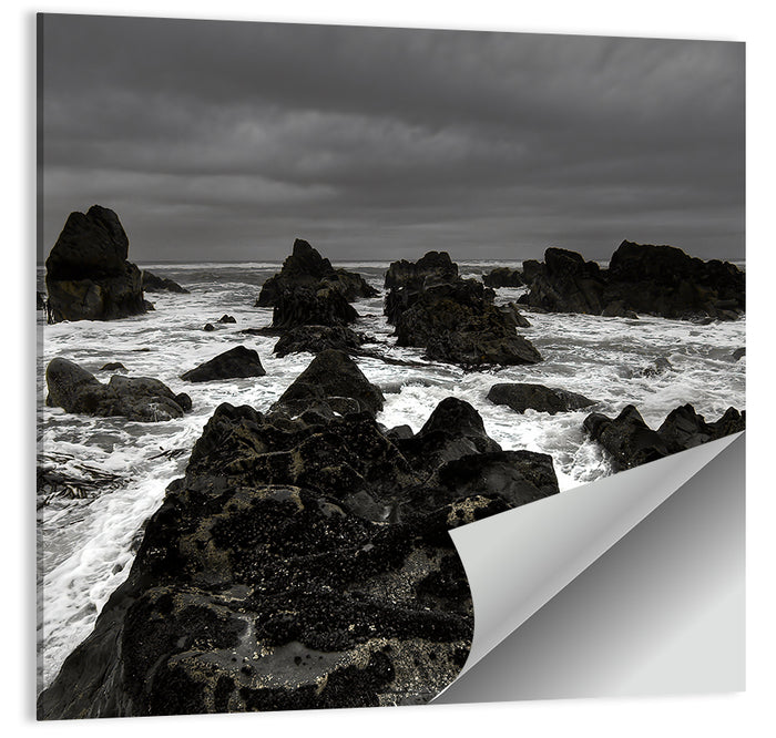 Moody Black and White Rocky Coast Waves Wall Art as a poster print