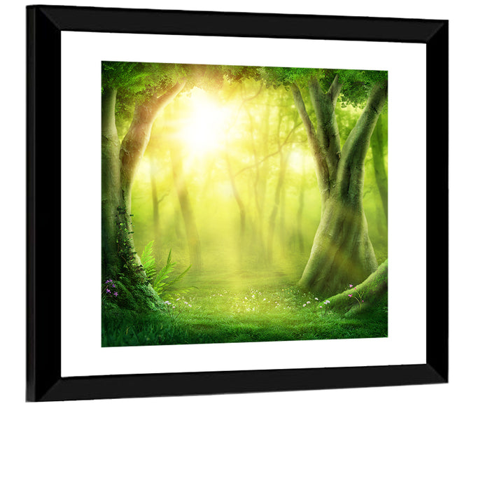 Enchanted Forest at Sunrise Wall Art as a framed print