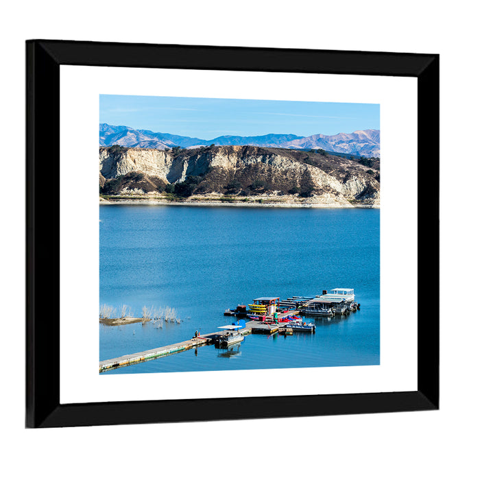 Lake Cachuma Dock and Mountains Wall Art as a framed print