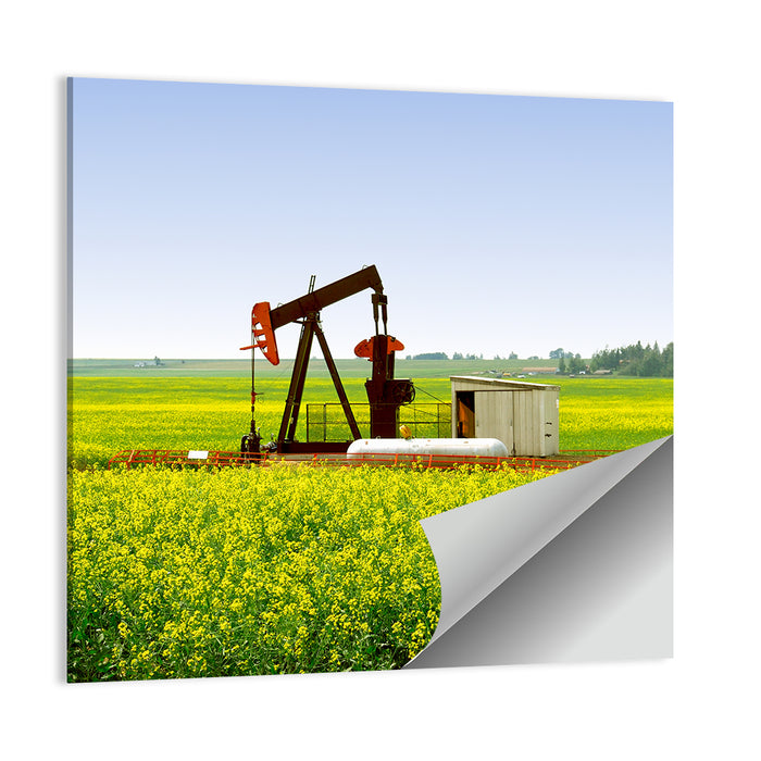 Rusty Pumpjack in Yellow Canola Field Wall Art as a poster print