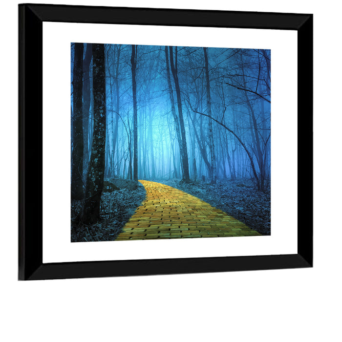Misty Yellow Brick Road Wall Art as a framed print