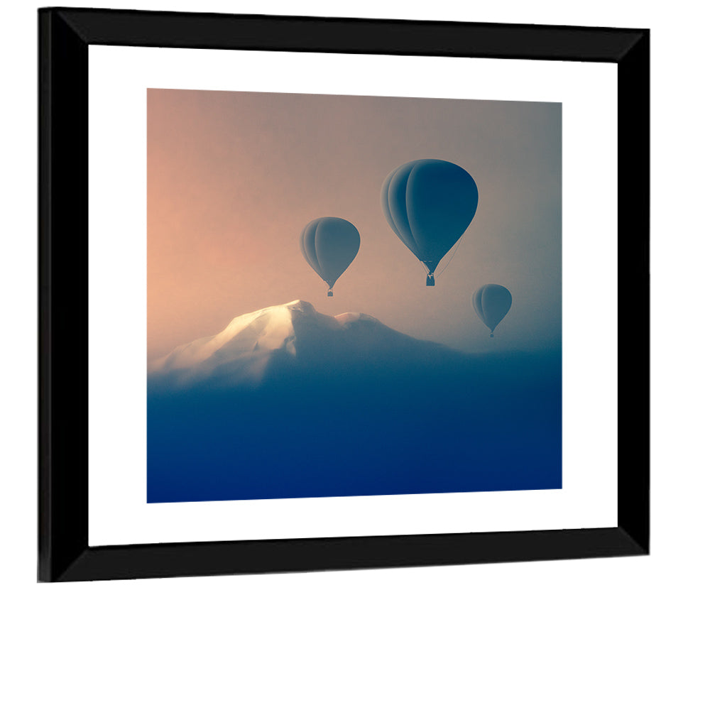 Three Hot Air Balloons Over Misty Peak Wall Art