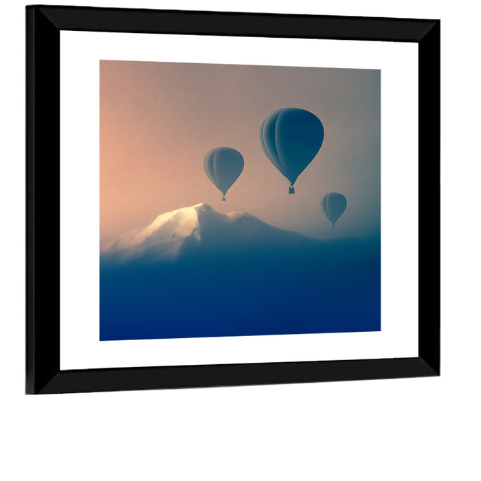 Three Hot Air Balloons Over Misty Peak Wall Art as a framed print