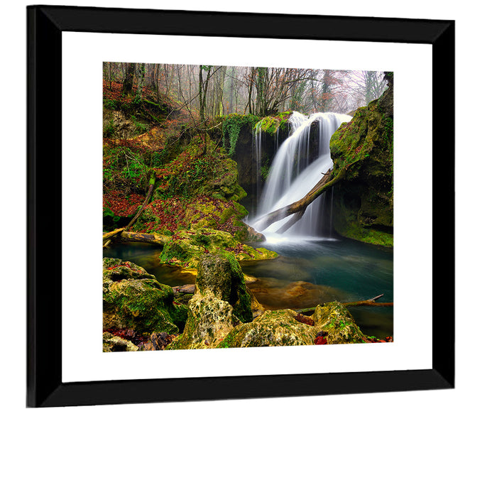 Cheile Nerei Mossy Waterfall Wall Art as a framed print