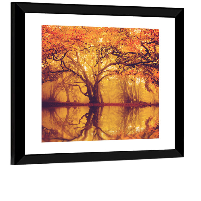 Golden Mist Forest Reflection Wall Art as a framed print