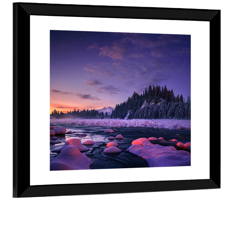 Twilight River and Snowy Pines Wall Art