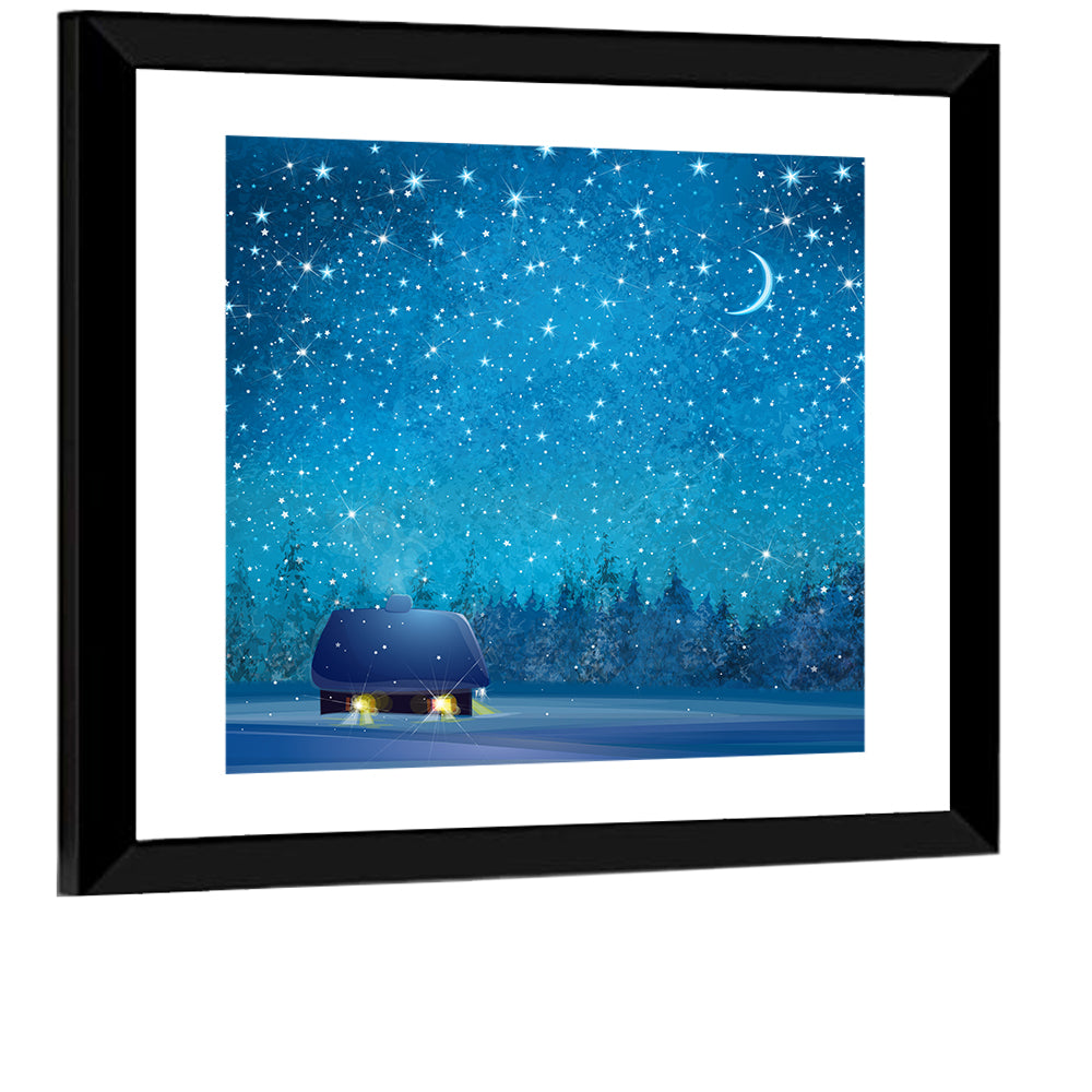 Winter Cottage Under Crescent Moon Wall Art