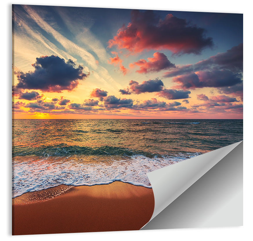 Golden Hour Beach Waves Under Cloudy Sky Wall Art