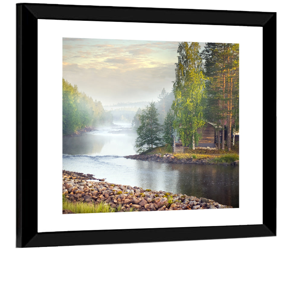 Misty River with Red Roof Cabin Wall Art