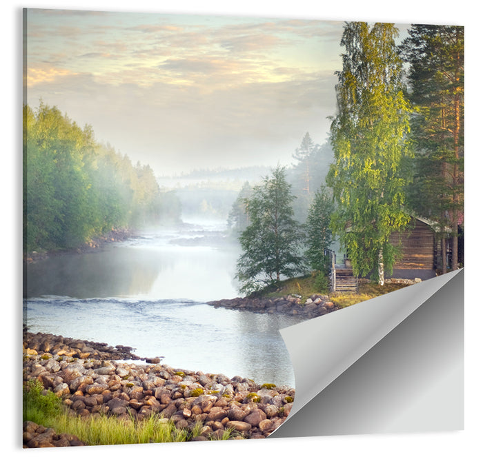 Misty River with Red Roof Cabin Wall Art as a poster print