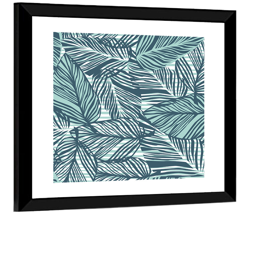 Striped Blue Palm Leaves Pattern Wall Art