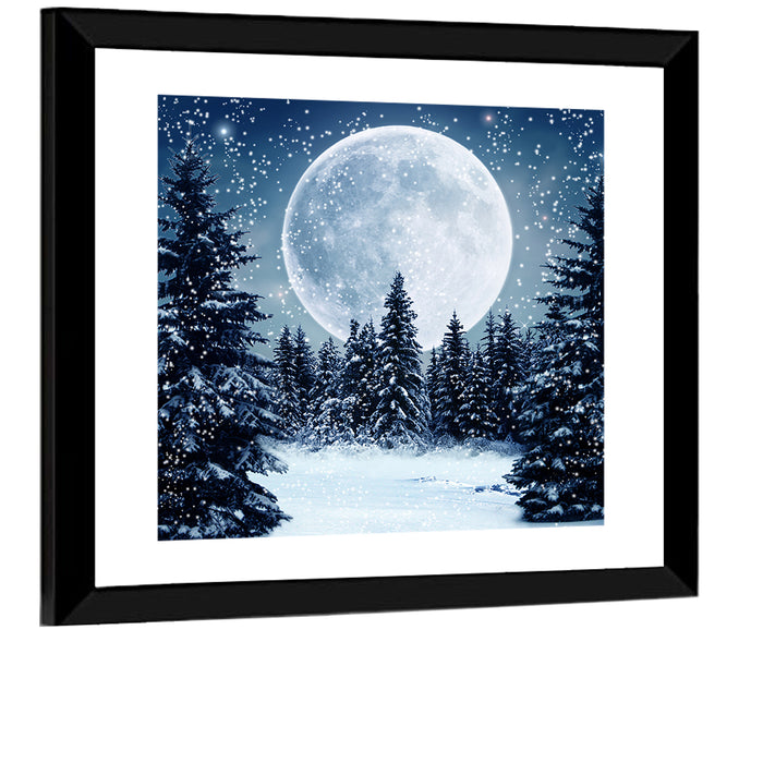 Full Moon Over Snowy Pines Wall Art as a framed print