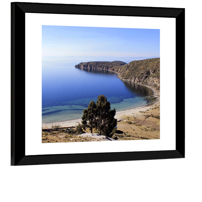 Titicaca Cliffs and Turquoise Water Wall Art as a framed print