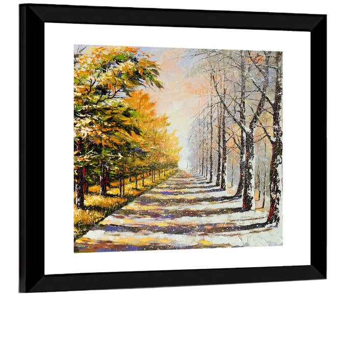 Autumn to Winter Forest Path Wall Art as a framed print