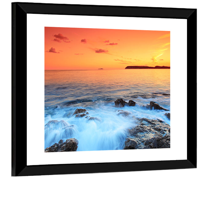 Dubrovnik Sunset Over Rocky Shore Wall Art as a framed print