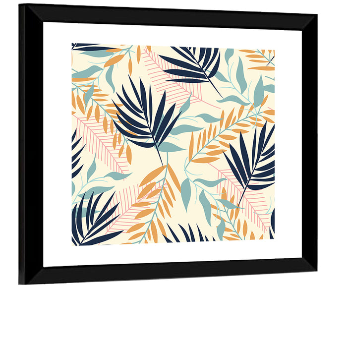 Cream and Navy Summer Leaves Pattern Wall Art as a framed print