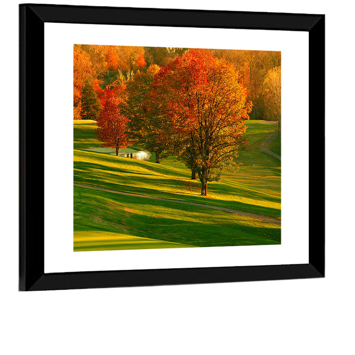 Golden Hour Golf Course Wall Art as a framed print