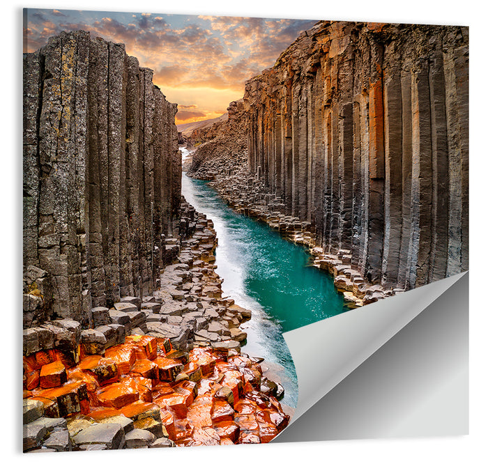 Stuðlagil Canyon Basalt Columns at Golden Hour Wall Art as a poster print