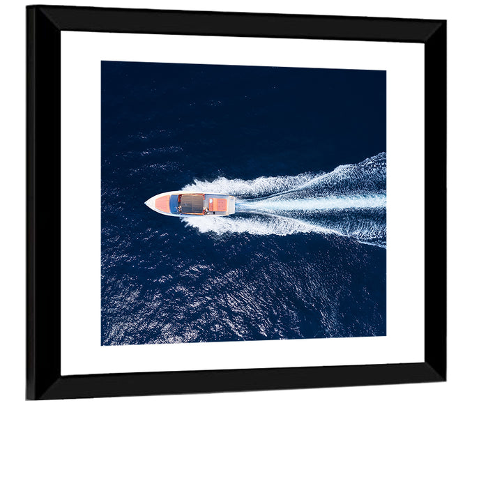Sleek Speedboat Over Navy Sea Wall Art as a framed print