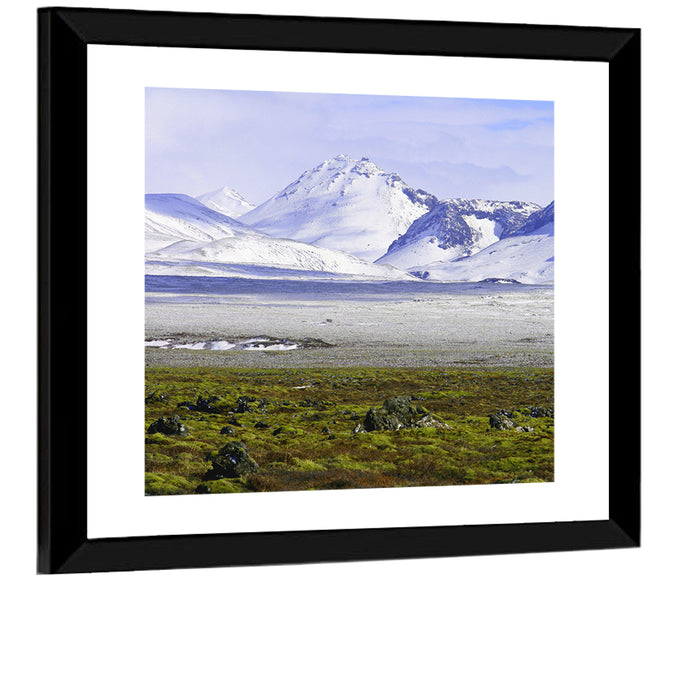 Icelandic Snow and Moss Landscape Wall Art as a framed print