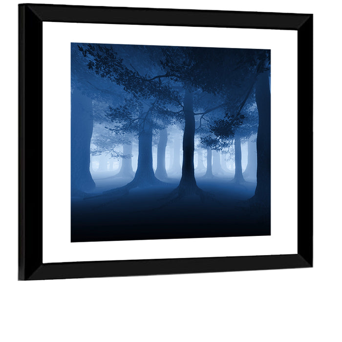 Midnight Blue Forest Wall Art as a framed print