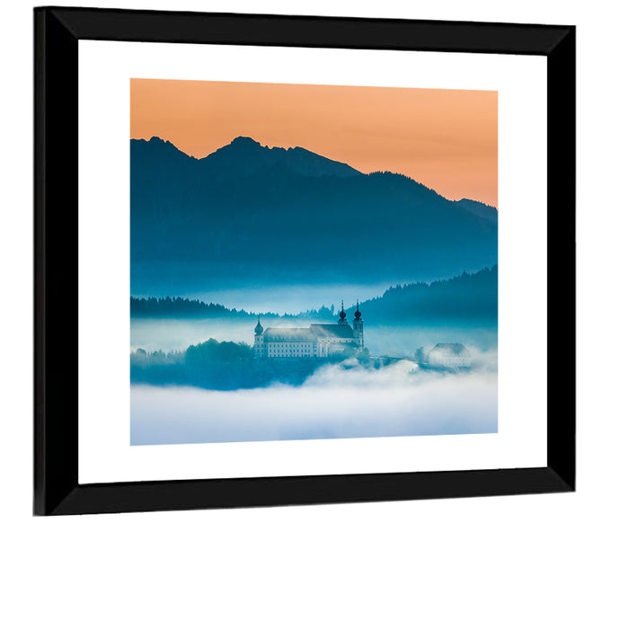 Benediktbeuern Abbey in Morning Fog Wall Art as a framed print