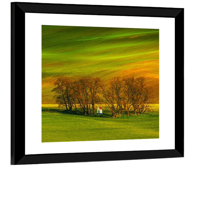 Moravian Wheat Fields with Chapel Wall Art as a framed print