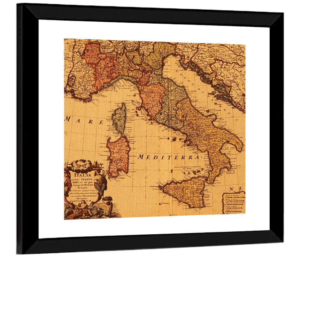 Antique Map of Italy with Ornate Cartouche Wall Art