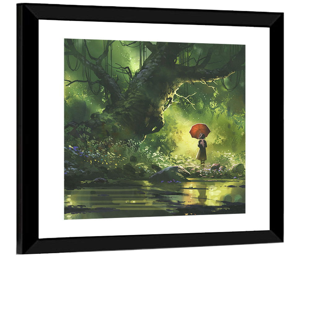 Girl with Umbrella in Mysterious Forest Wall Art