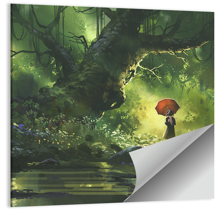 Girl with Umbrella in Mysterious Forest Wall Art