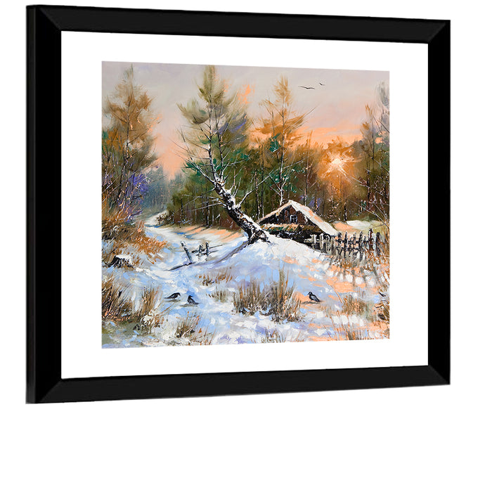 Winter Forest Path with Cabin Wall Art as a framed print