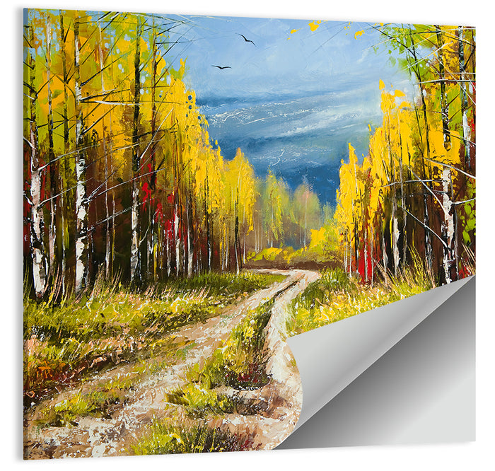 Autumn Birch Path with Two Birds Wall Art as a poster print