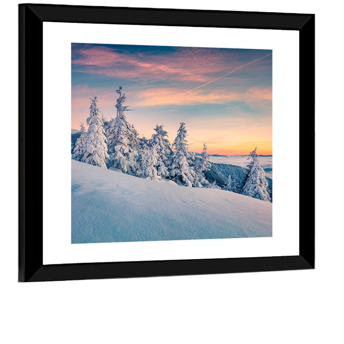 Snowy Carpathian Sunset Wall Art as a framed print