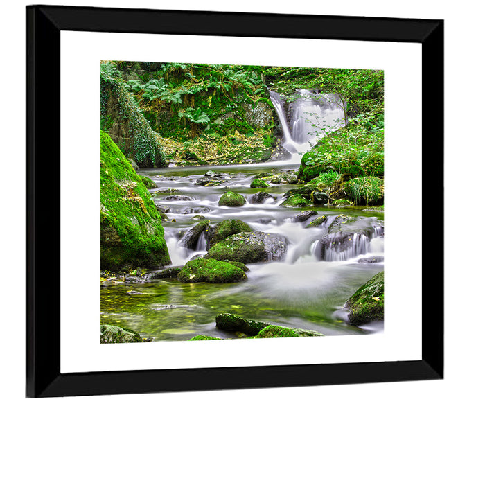 Mossy Forest Stream Wall Art as a framed print
