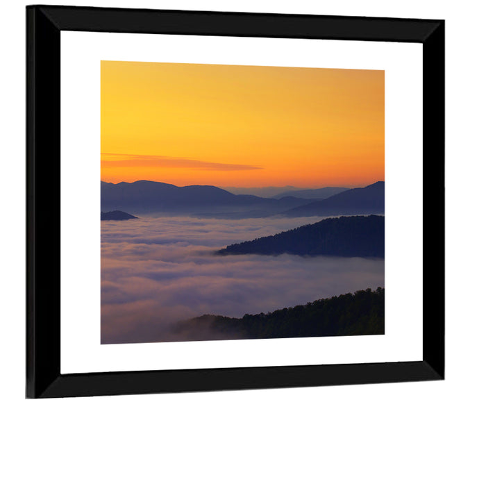 Cloud Sea Over Mountains at Golden Dawn Wall Art as a framed print