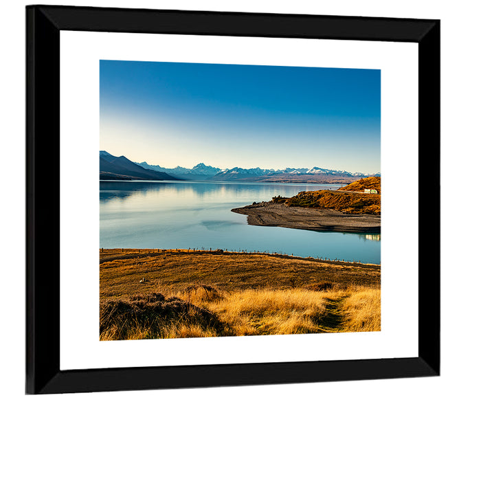 Lake Pukaki Golden Hour with Mount Cook Wall Art as a framed print