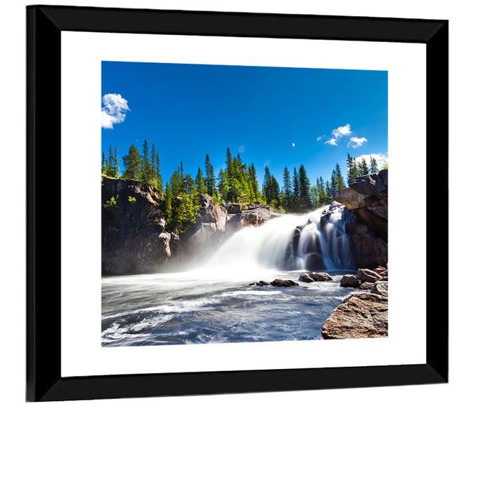 Misty Blue Waterfall Wall Art as a framed print