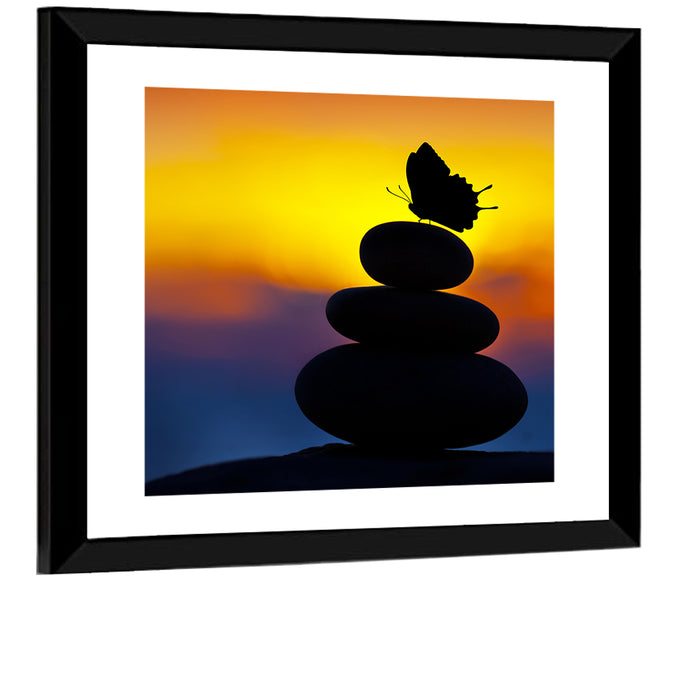 Stacked Spa Stones with Butterfly Wall Art as a framed print