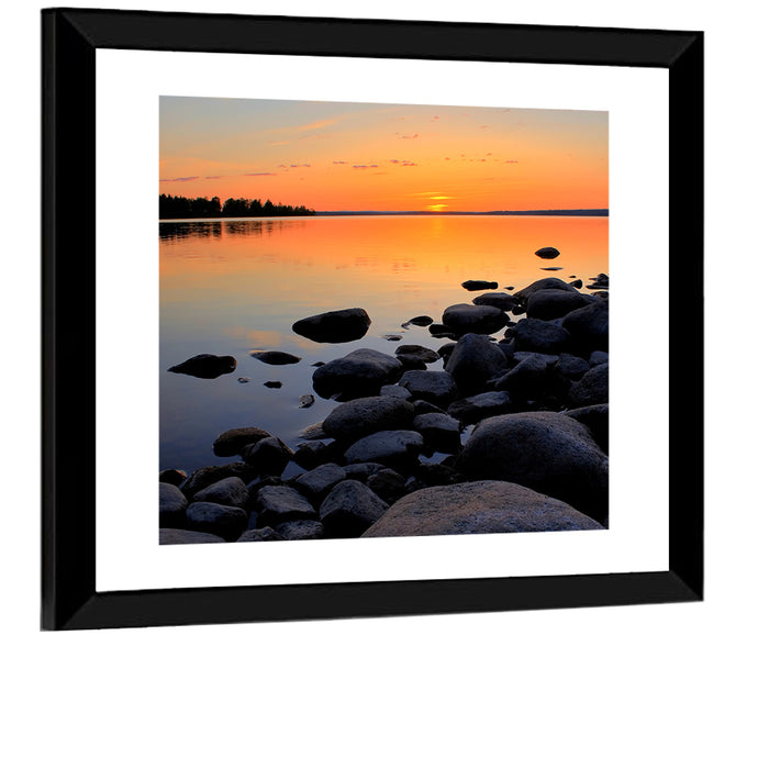 Rocky Lake Sunset Wall Art as a framed print