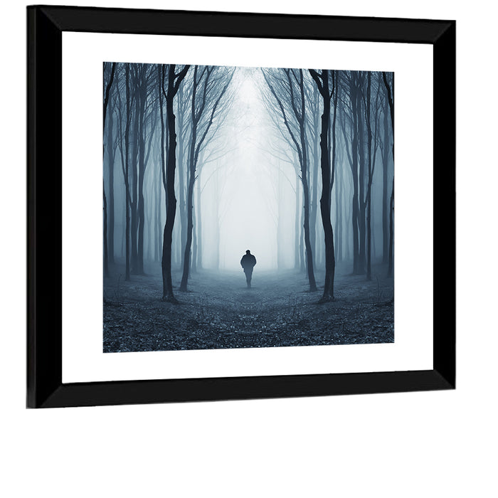 Lone Figure in Misty Forest Wall Art as a framed print