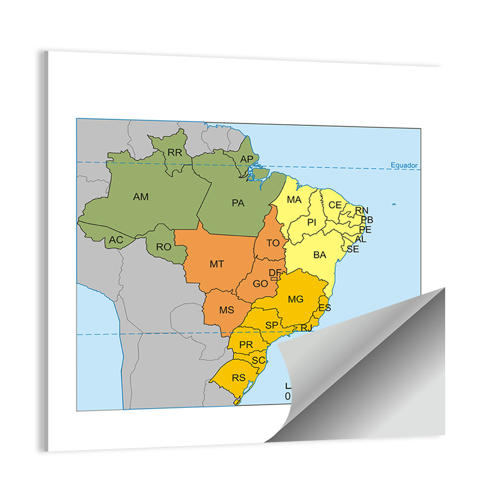 Brazil Map with State Codes Wall Art